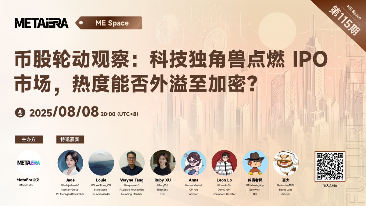 MetaEra 中文 (@metaeracn) on Twitter photo 🔥 #币股 轮动观察:科技独角兽点燃 IPO 市场,热度能否外溢至加密?
⏰ 时间:8/8 20:00 UTC+8
🔗 链接:x.com/i/spaces/1vAGR…
🎙️ 特邀嘉宾:<a href="/Jadejadeweb3/">0xJade</a>,<a href="/StakeStone_CN/">StakeStone 华语社区</a>,<a href="/wayneweb3/">Wayne | FILLiquid</a>,<a href="/RubyXulj/">RUBY🍰</a>,@annacafechat,<a href="/LeonAoSh/">🆓LeonLo</a>,<a href="/Edelweis_App/">Edelweis</a>,<a href="/salonbus1024/">Salonbus</a>
📅 设置闹钟,与我们一起探索: 🔥 #币股 轮动观察:科技独角兽点燃 IPO 市场,热度能否外溢至加密?
⏰ 时间:8/8 20:00 UTC+8
🔗 链接:x.com/i/spaces/1vAGR…
🎙️ 特邀嘉宾:<a href="/Jadejadeweb3/">0xJade</a>,<a href="/StakeStone_CN/">StakeStone 华语社区</a>,<a href="/wayneweb3/">Wayne | FILLiquid</a>,<a href="/RubyXulj/">RUBY🍰</a>,@annacafechat,<a href="/LeonAoSh/">🆓LeonLo</a>,<a href="/Edelweis_App/">Edelweis</a>,<a href="/salonbus1024/">Salonbus</a>
📅 设置闹钟,与我们一起探索: