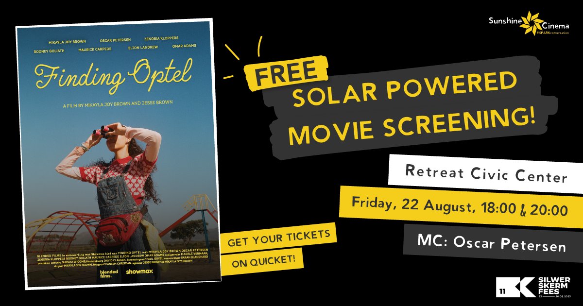 🎬✨ Join us for a FREE Solar-Powered Movie Screening of Finding Optel! 🌞🎥  📅 22 Aug, 🕕 18:00 - 20:00, 📍 Retreat Civic Center. Enjoy treats from Wynburger 🍔 &amp; Halibi Treats 🍭! 🎟️ Tickets: quicket.co.za/events/321099-…  ✨ #FindingOptel #SolarPoweredCinema #FreeScreening