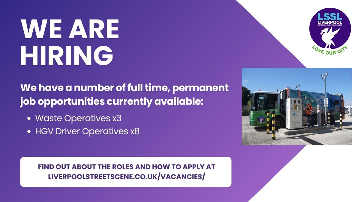#JobOpportunities Last chance to apply today!

🔹Waste Operatives: Full time, permanent. Salary £27,254 plus allowances
🔹HGV Driver Operatives: Full time, permanent. Salary £31,022 plus allowances

Visit liverpoolstreetscene.co.uk/vacancies/ for full details &amp; to find out how to apply.