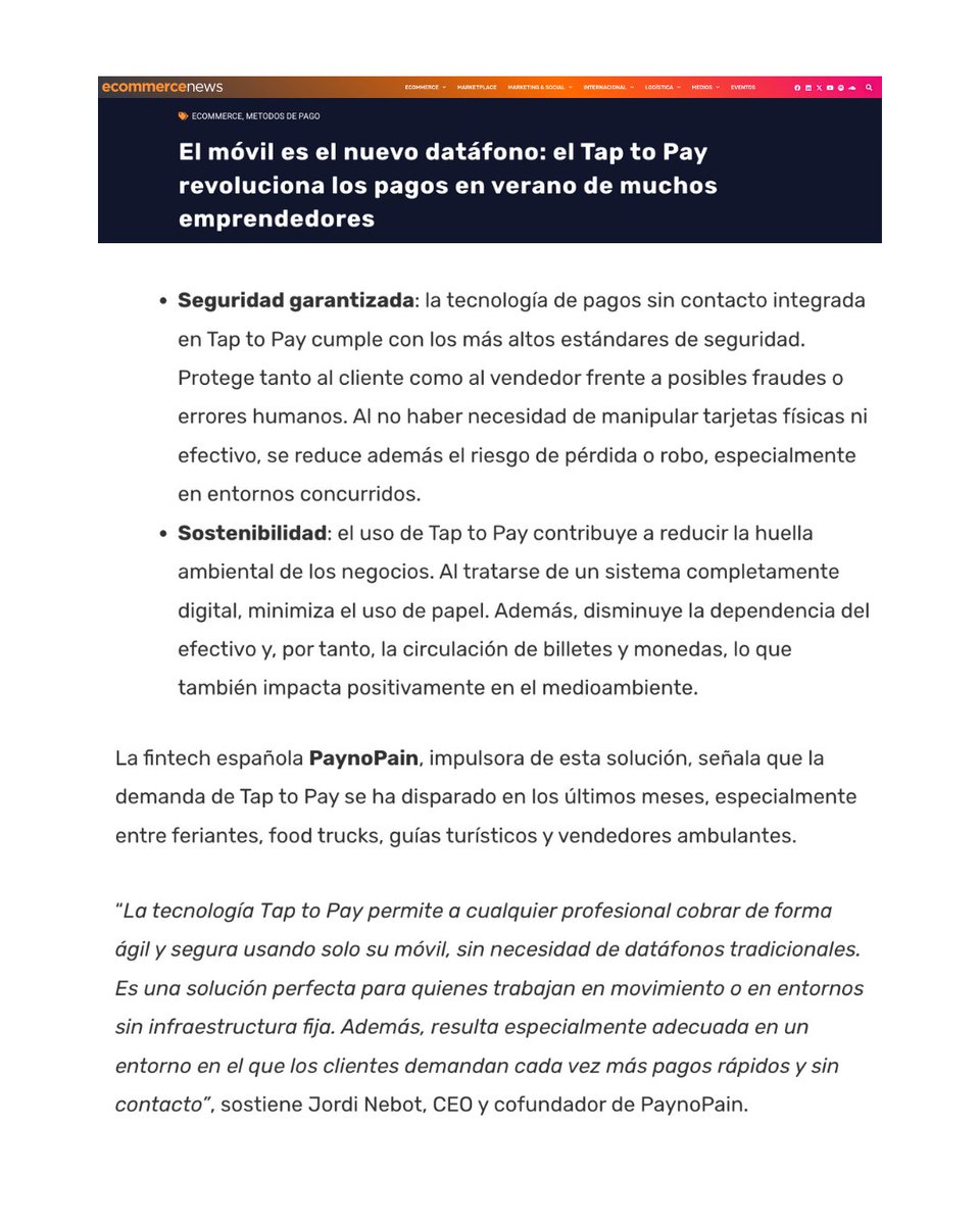 PaynoPain (@paynopain) on Twitter photo ☀ ¿Has emprendido un nuevo negocio en verano?
<a href="/Ecommerce_es/">Ecommerce News</a> se hace eco del éxito que está teniendo la solución de pago Tap to Pay para los emprendedores.
👉 Descubre las ventajas y los principales negocios que pueden beneficiarse de su uso, aquí:
ecommerce-news.es/el-movil-es-el… ☀ ¿Has emprendido un nuevo negocio en verano?
<a href="/Ecommerce_es/">Ecommerce News</a> se hace eco del éxito que está teniendo la solución de pago Tap to Pay para los emprendedores.
👉 Descubre las ventajas y los principales negocios que pueden beneficiarse de su uso, aquí:
ecommerce-news.es/el-movil-es-el…