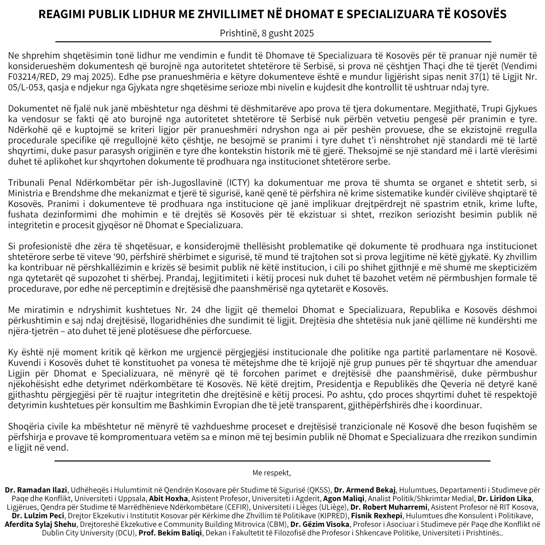 Dan Ilazi (@danlazi) on Twitter photo A group of Kosovo-based and international scholars & civil society voices express deep concern over the recent decision of the <a href="/SpecialChambers/">Kosovo Specialist Chambers</a> to admit documents from Serbian state institutions as evidence. Read our full public reaction in English and Albanian. A group of Kosovo-based and international scholars & civil society voices express deep concern over the recent decision of the <a href="/SpecialChambers/">Kosovo Specialist Chambers</a> to admit documents from Serbian state institutions as evidence. Read our full public reaction in English and Albanian.