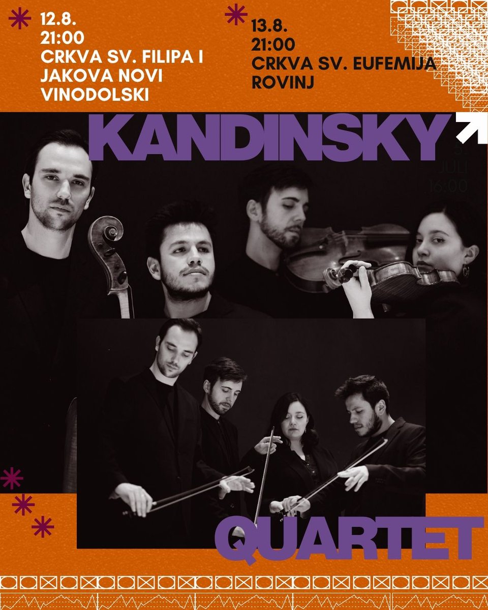Founded in 2020 in Vienna, the Kandinsky Quartet has quickly established itself as one of the most exciting chamber ensembles of the new generation! 🎻

And this summer they are performing in two cities on our coast - Novi Vinodolski and Rovinj!🥳

Join us and enjoy a the show!
