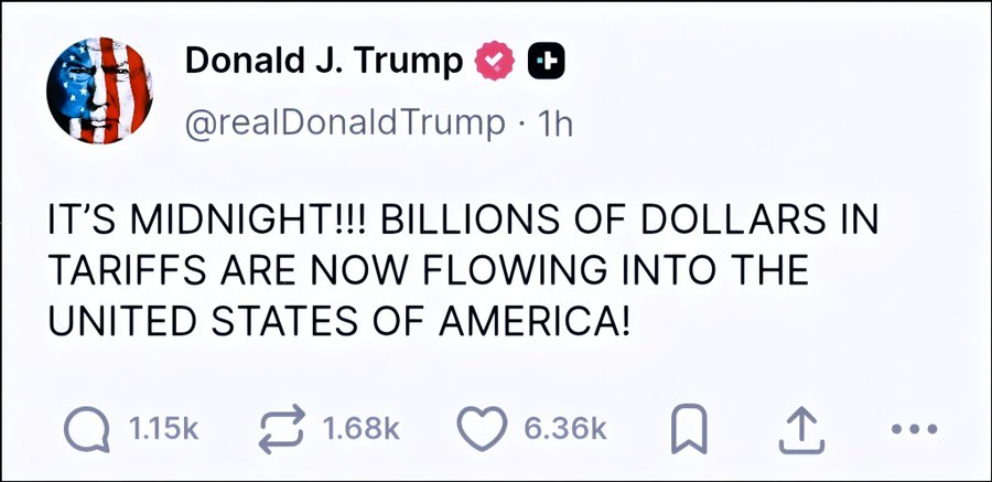 Ich übersetze
ES IST MITTERNACHT!!! MILLIARDEN VON DOLLAR FLIESSEN AB SOFORT ALS ZUSATZSTEUER VON AMERIKANISCHEN KONSUMENTEN AN DIE REGIERUNG! DADURCH WERDEN DIE PREISE FÜR ALLE AMERIKANER STEIGEN!
Die haben immer noch nicht geschnallt, wer Zölle zahlen muss... unfcknfassbar.