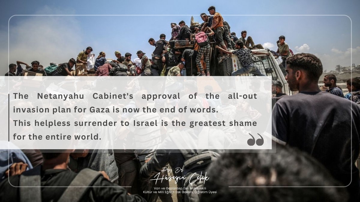 ◾️The Netanyahu Cabinet's approval of the all-out invasion plan for Gaza is now the end of words. 
— This helpless surrender to Israel is the greatest shame for the entire world. 
◾️If there is even a shred of faith and honor left in the Islamic world, all of them must sever
