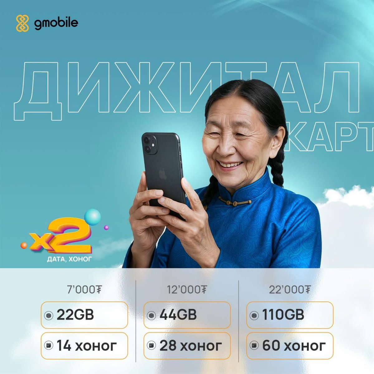 🚀Урьдчилсан төлбөрт хэрэглэгчдэд зориулсан нэгж, дата, хоногоо нэг үнээр худалдан авах дижитал картын урамшуулал үргэлжилж байна. 
Урамшуулал: 
-7000₮ →22 GB-2000 нэгж-14 хоног
-12 000₮ →44 GB-5000нэгж-28 хоног
-22 000₮ →110 GB-5000 нэгж-60 
🗓️Хугацаа:2025.08.31-г хүртэл