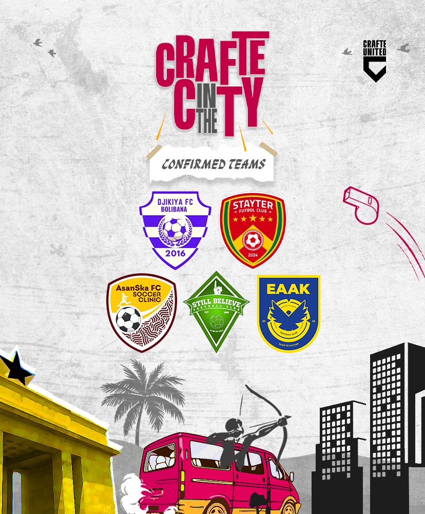Here are our confirmed opponents for the first-ever #CrafteInTheCity tour! 

🇲🇱 Djikiya FC (Mali)
🇬🇭 Stayter Futbol Club (GH)
🇬🇭 Asanska FC (GH)
🇬🇭 Still Believe FC (GH)
🇬🇭 EAAK FC (GH)

Full match schedule drops Monday, August 11. 📩