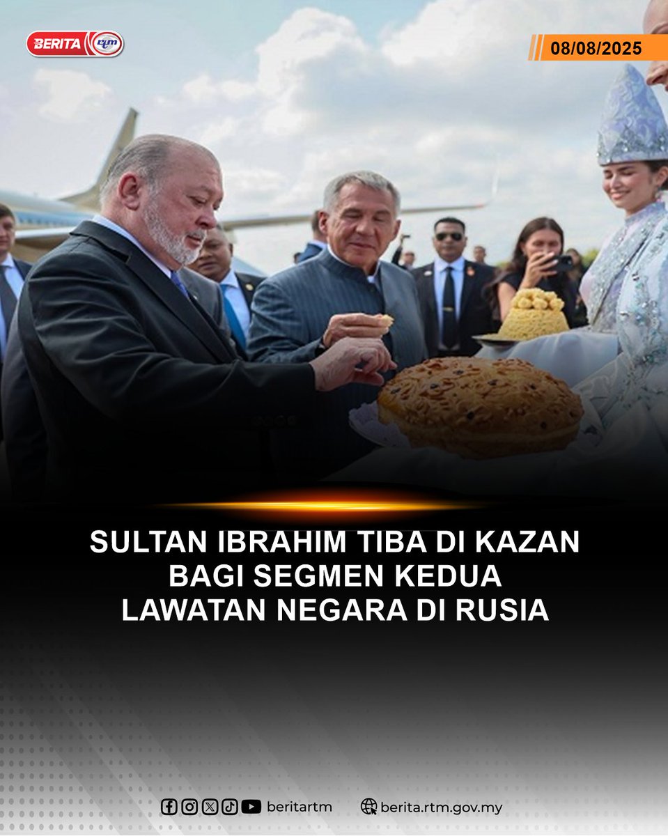 beritartm's tweet image. Yang di-Pertuan Agong, Sultan Ibrahim, berangkat tiba di Kazan, ibu negeri Republik Tatarstan pada Jumaat, bagi segmen kedua Lawatan Negara di Rusia.

berita.rtm.gov.my/dunia/senarai-…

'Yang sahih di RTM'
#RTM #BeritaRTM #MalaysiaMadani #TaatSetia #RancakkanMADANI