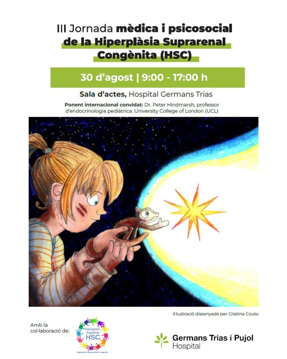 📣 III Jornades mèdiques d'Hiperplàsia Suprarenal Congènita. 

📅 29 i 30 d'agost
📍 Sala d'actes <a href="/hgermanstrias/">Hosp. Germans Trias</a> 
🗣️ Convidat d'honor: Dr. Peter Hindmarsh, especialista reconegut en HSC i professor a la <a href="/ucl/">UCL</a>
🌐També en línia: us06web.zoom.us/j/83120654744 

📝ℹ️ hospitalgermanstrias.cat/agenda1