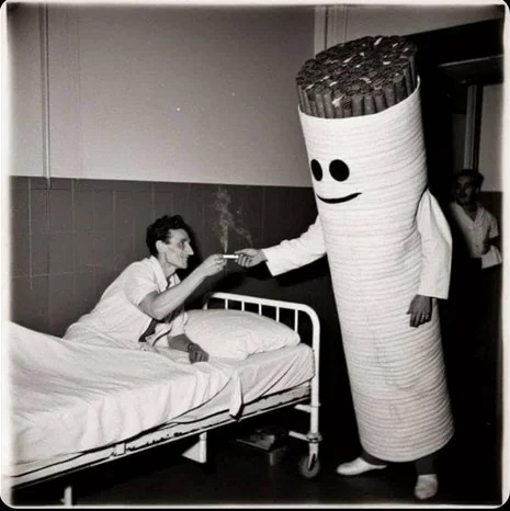 En 1948, el Sr. Cig, la mascota, repartió cigarrillos gratis a los pacientes de los hospitales de Inglaterra. Todo un detalle para los enfermos.