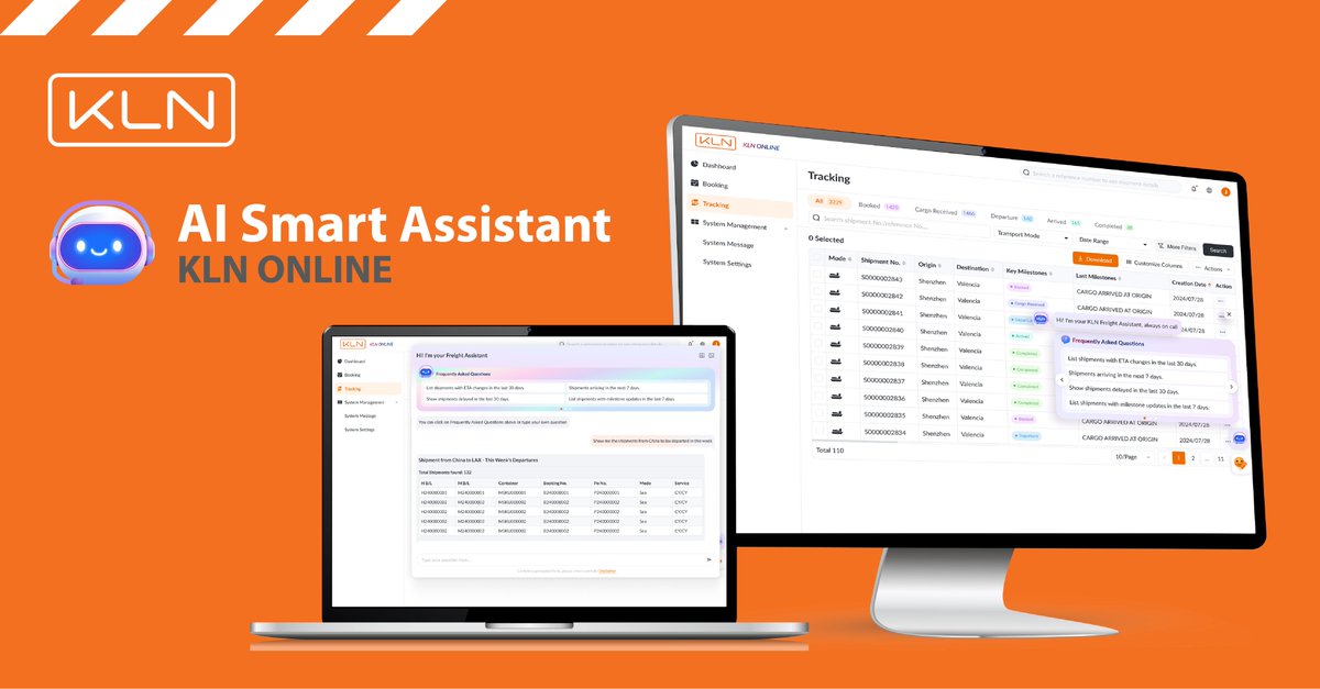 KLN_Group's tweet image. Exciting news from KLN (formerly Kerry Logistics Network)! We’re thrilled to introduce our brand-new AI Smart Assistant on KLN ONLINE.
Supports natural language queries in 100+languages.
Get instant answers on your shipments.
#KLN #KLNOnline #AIassistant