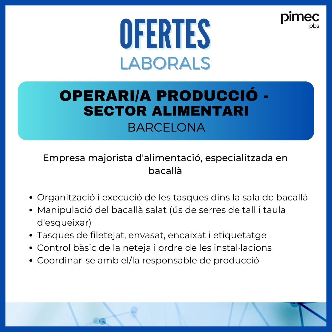 💼Des de #Pimecjobs estem buscant els següents perfils de feina. Si hi estàs interessat/ada, només has d'anar al nostre perfil de Linkedin per aplicar a les ofertes!              

👉 bit.ly/4m9dCqE