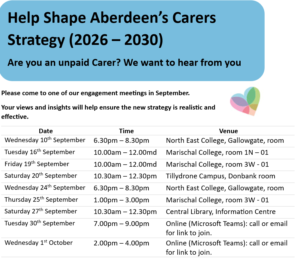 Aberdeen City HSCP (@hscaberdeen) on Twitter photo 📣Have Your Say: Help Shape Aberdeen’s Next Carers Strategy
Are you an unpaid Carer in Aberdeen? Your voice matters!
📅We’re hosting several engagement meetings to listen and learn
📞To Register Your Interest
Email: achscpengagement@aberdeencity.gov.uk
Phone: 01224 067039 📣Have Your Say: Help Shape Aberdeen’s Next Carers Strategy
Are you an unpaid Carer in Aberdeen? Your voice matters!
📅We’re hosting several engagement meetings to listen and learn
📞To Register Your Interest
Email: achscpengagement@aberdeencity.gov.uk
Phone: 01224 067039