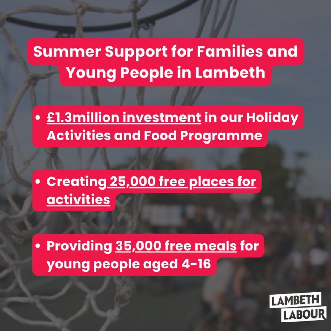 LambethLabour's tweet image. This summer, we&apos;re investing £1.3million to support families and young people in our borough.