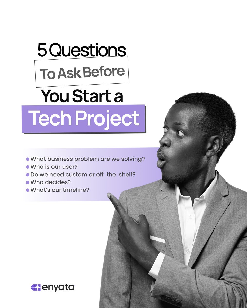 The answers to these questions will help you build the perfect software. During our Workshop, we'll guide you through each question to reduce risk and deliver impact.

Book a consultation now. Visit Enyata.com

#enyata #softwaredevelopment