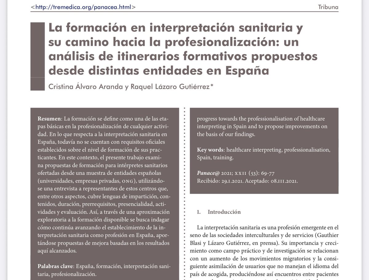 Lectura recomendada para el fin de semana:

«La formación en interpretación sanitaria y su 
camino hacia la profesionalización: un análisis de itinerarios formativos propuestos desde distintas entidades en España»

➡️ tremedica.org/wp-content/upl…