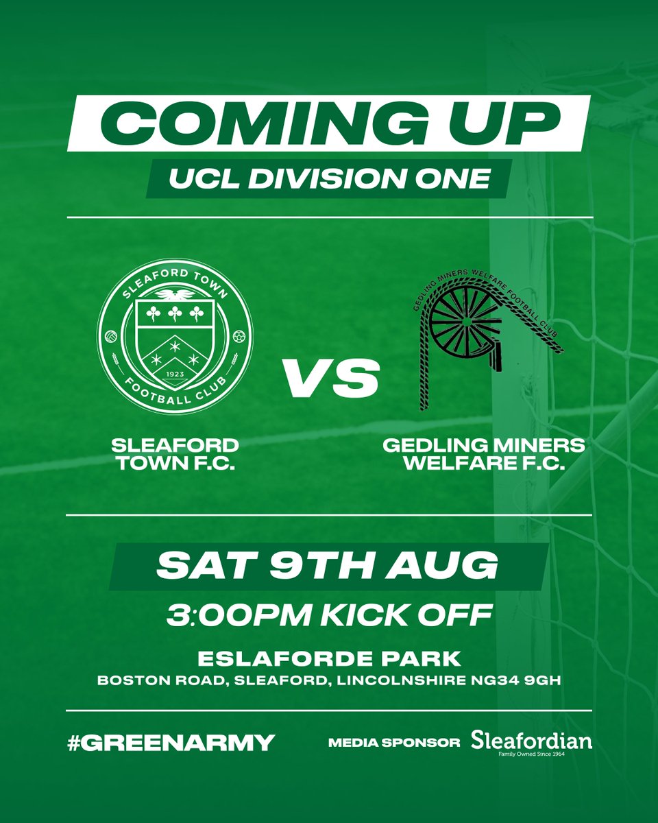 🟢 COMING UP 🟢

Next up, we host Gedling Miners Welfare at Eslaforde Park 💚⚽

📅 Sat 9th Aug
🕒 3:00 PM KO
📍 Eslaforde Park, NG34 9GH
🎟 Adults £7 | Military £5 | 65+ £4 | U16 FREE

See you tomorrow Greens! 👊💚

#GreenArmy