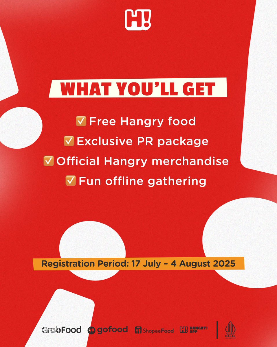 Calling all Food Enthusiast🎉

Yuk ikutan Hangry Brand Ambassador untuk dapetin FREE food dan benefit menarik lainnya👇

Daftar sebelum tanggal 10 Agustus! klik link ini yaa 

docs.google.com/forms/d/e/1FAI… 

#HangryIndonesia #FoodbyHangry #BrandAmbassador #Gathering #OfflineActivity