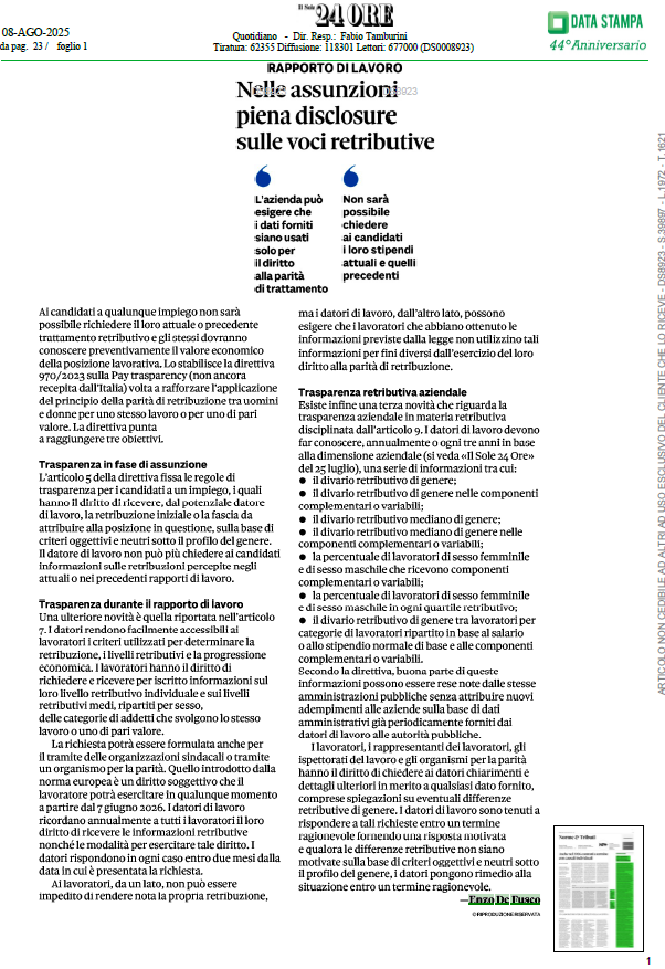 🔍 Trasparenza retributiva: dal 7 giugno 2026 i lavoratori in forza hanno il diritto di richiedere al datore di lavoro quale sia la retribuzione media percepita dai colleghi che svolgono lo stesso lavoro e quello di pari a valore. 

linkedin.com/posts/enzo-de-…