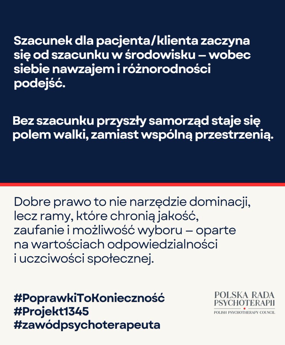 #ustawa #zawódpsychoterapeuta Dobre prawo powinno chronić jakość i możliwość wyboru - w oparciu o odpowiedzialność i uczciwość społeczną. W PRP bronimy tej zasady od początku.

<a href="/MGolbik/">Marta Golbik</a> <a href="/Napieralski_G/">Grzegorz Napieralski</a> <a href="/jciesz/">Janusz Cieszyński</a> <a href="/glorekposel/">Grzegorz Lorek</a> <a href="/NPietrykowski50/">Norbert Pietrykowski</a> <a href="/jolantazieba/">Jolanta Zieba-Gzik</a> <a href="/lubczyk_radek/">Radosław Lubczyk</a> <a href="/aK_Sojka/">Katarzyna Sójka</a>