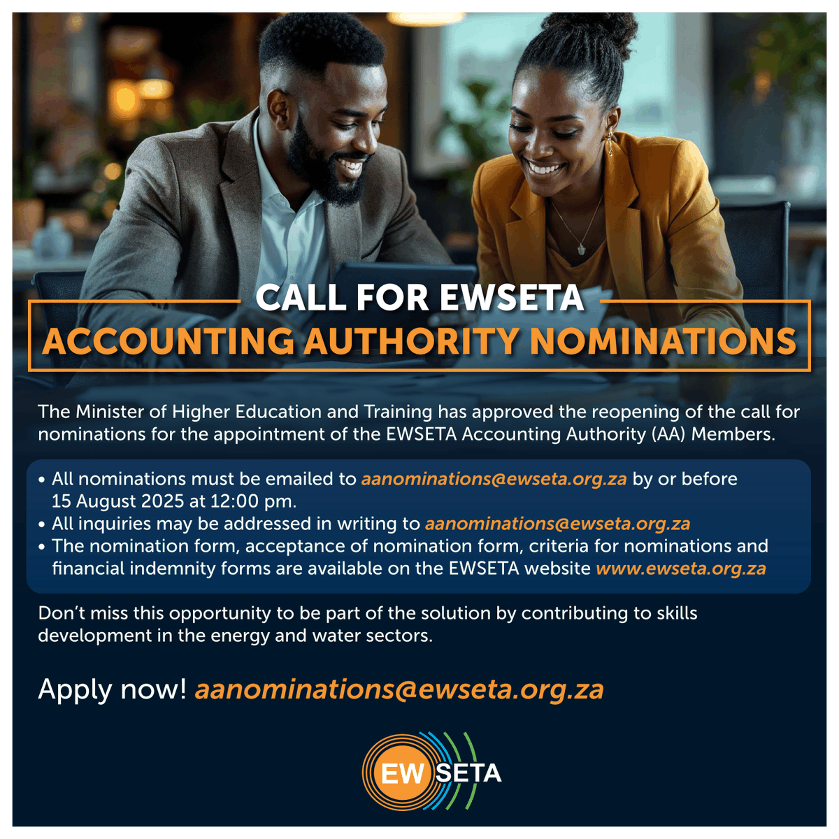 EWSETA (@ewseta) on Twitter photo Call for AA Nominations Reopened!
EWSETA seeks leaders in energy & water with governance, sector expertise & passion for skills dev.
✅ NQF 7+
✅ Industry knowledge
✅ Apply by 15 Aug 2025, 12:00pm
Submissions: aanominations@ewseta.org.za
🔗 ewseta.org.za Call for AA Nominations Reopened!
EWSETA seeks leaders in energy & water with governance, sector expertise & passion for skills dev.
✅ NQF 7+
✅ Industry knowledge
✅ Apply by 15 Aug 2025, 12:00pm
Submissions: aanominations@ewseta.org.za
🔗 ewseta.org.za