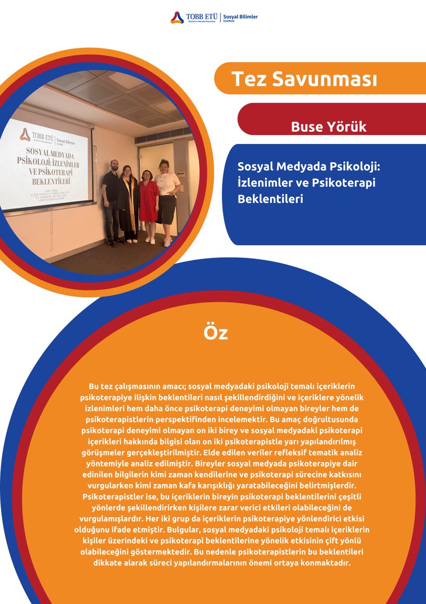 Klinik Psikoloji öğrencimiz Buse Yörük, Dr. Öğr. Üyesi İlknur DİLEKLER ALDEMİR denetiminde yazdığı tezini Prof. Dr. İsmail Volkan GÜLÜM ve Dr. Öğr. Üyesi Yağmur AR denetiminde sunmuştur. Tebrikler!