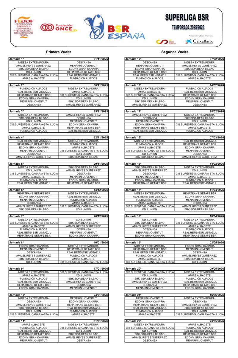 BSREspaña (@bsrespana) on Twitter photo 🥁 𝑶𝑭𝑰𝑪𝑰𝑨𝑳 🗓️
La Superliga <a href="/fundaciononce/">Yo te ayudo</a> 25-26 comenzará el sábado 1 de noviembre debido al Europeo de Sarajevo 🇧🇦 @iwbfeurope
🔒Compartimos el calendario COMPLETO, aquí 👇🏻
#BSREspaña 🇪🇸 @federacionfeddf | <a href="/deportegob/">CSD</a> | @paralimpicosesp | <a href="/fundaciononce/">Yo te ayudo</a> | <a href="/caixabank/">CaixaBank</a> 🥁 𝑶𝑭𝑰𝑪𝑰𝑨𝑳 🗓️
La Superliga <a href="/fundaciononce/">Yo te ayudo</a> 25-26 comenzará el sábado 1 de noviembre debido al Europeo de Sarajevo 🇧🇦 @iwbfeurope
🔒Compartimos el calendario COMPLETO, aquí 👇🏻
#BSREspaña 🇪🇸 @federacionfeddf | <a href="/deportegob/">CSD</a> | @paralimpicosesp | <a href="/fundaciononce/">Yo te ayudo</a> | <a href="/caixabank/">CaixaBank</a>
