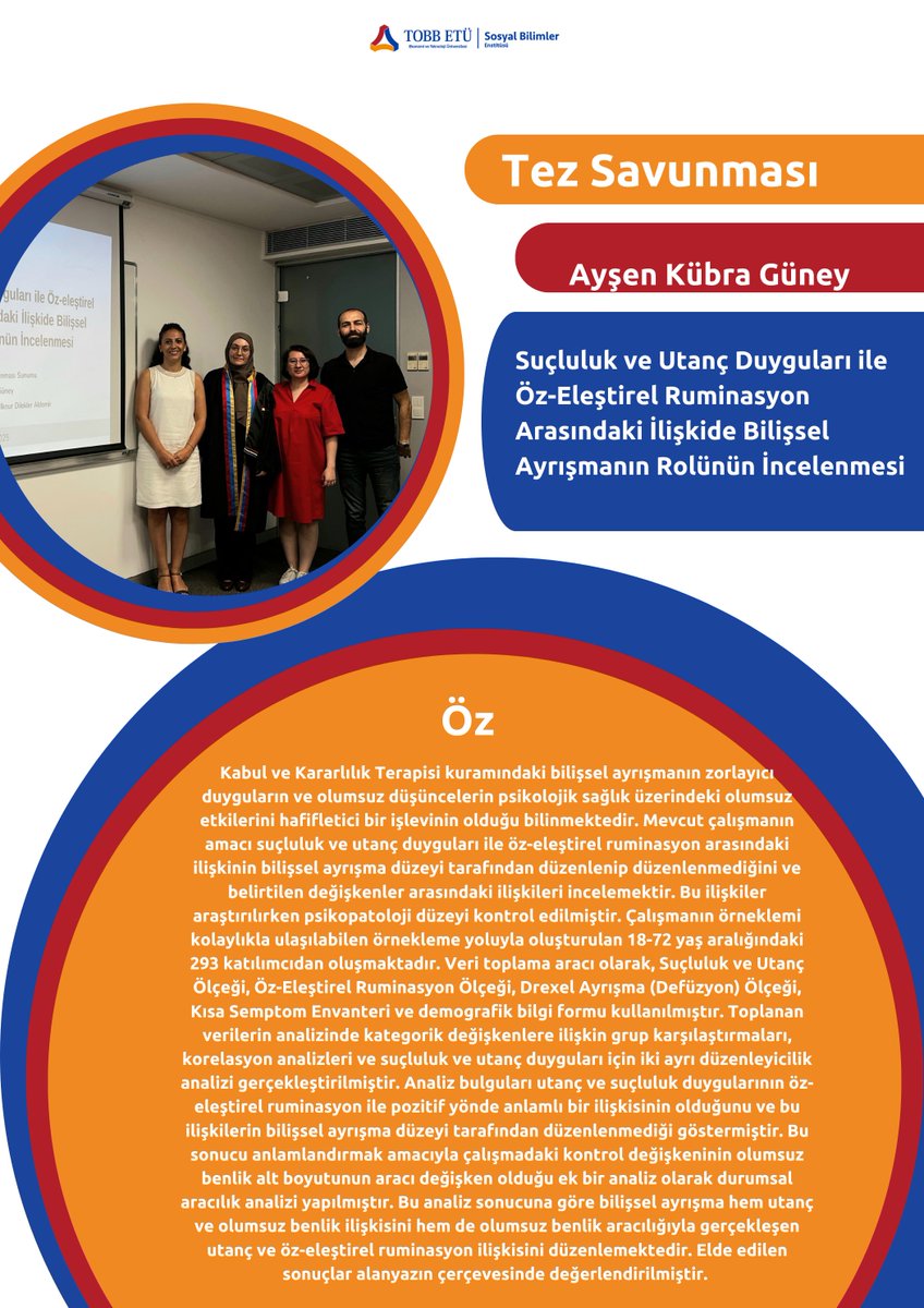 Klinik Psikoloji öğrencimiz Ayşen Kübra Güney, Dr. Öğr. Üyesi İlknur DİLEKLER ALDEMİR denetiminde yazdığı tezini Prof. Dr. İsmail Volkan GÜLÜM ve Doç. Dr. Gökçen AYDIN DALARSLAN denetiminde sunmuştur. Tebrikler!
