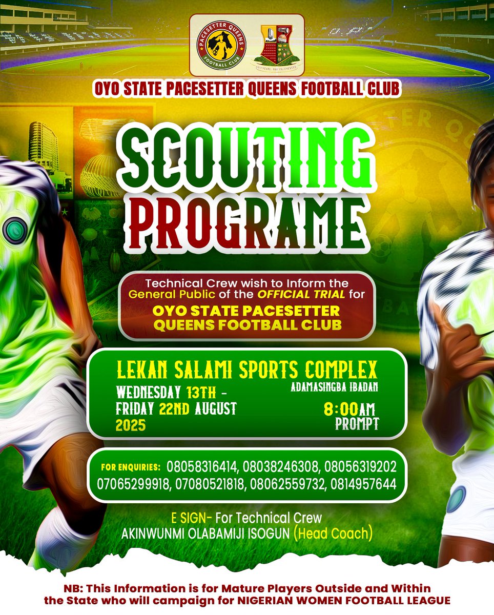 Arojinle (@arojinle1) on Twitter photo ✅ Are you a female footballer?
✅ Do you reside in/around Oyo State?
You have the chance to join the state's official female footbal team <a href="/PacesetterQueen/">PacesetterQUEENSFC</a> FC. Check the poster below for details and follow the handle for more info.
Please share this till it gets to someone that ✅ Are you a female footballer?
✅ Do you reside in/around Oyo State?
You have the chance to join the state's official female footbal team <a href="/PacesetterQueen/">PacesetterQUEENSFC</a> FC. Check the poster below for details and follow the handle for more info.
Please share this till it gets to someone that