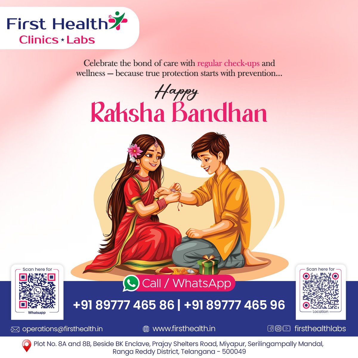 firsthealthlabs's tweet image. 🌸 Celebrate the bond of care with regular check-ups 🌸 
True protection starts with prevention .
Happy Raksha Bandhan from First Health Labs! ❤️ 
Book your health check-up today🩺

Book now: firsthealth.in

#FirstHealthLabs #RakshaBandhan #PreventiveCare #WellnessFirst