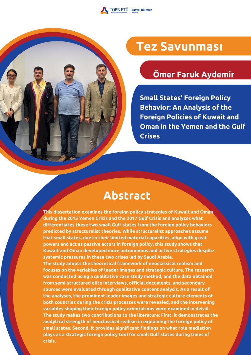Siyaset Bilimi ve Uluslararası İlişkiler Doktora öğrencimiz Ömer Faruk Aydemir, Dr. Öğr. Üyesi Gülriz ŞEN denetiminde yazdığı tezini Prof. Dr. Şaban KARDAŞ,Prof. Dr. Murat YEŞİLTAŞ, Doç. Dr. Bayram SİNKAYA ve Dr. Öğr. Üyesi Kadir Aydın GÜNDÜZ denetiminde sunmuştur. Tebrikler!