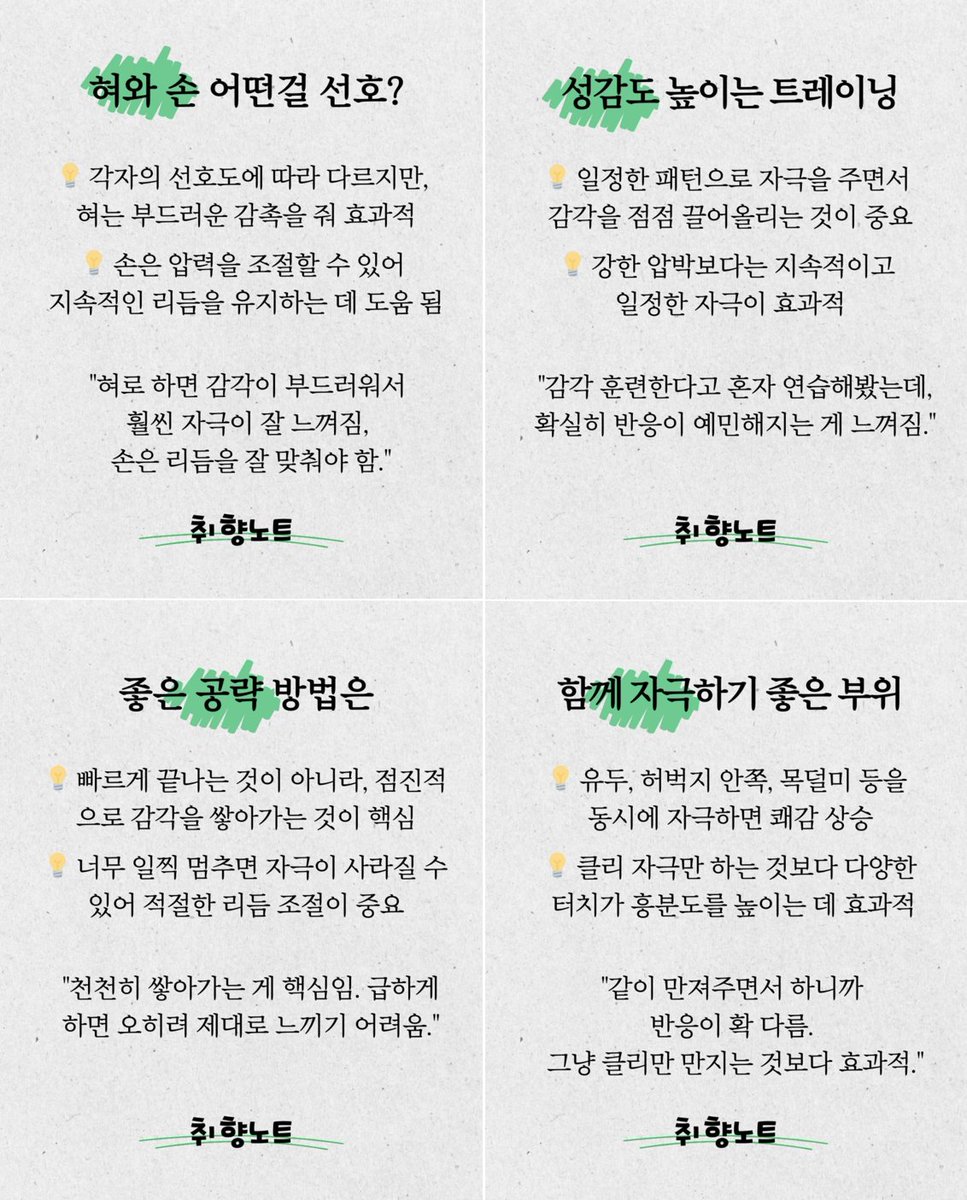 ♀️ 클리토리스 탐구 이야기 💕

✔️ 삽입보다 클리 자극 중요
✔️ 부드럽게 천천히 점진적으로 끌어올리기
✔️ 혀로 애무하면 부드러워서 훨씬 자극적
✔️ 가슴, 목덜미 등을 동시에 자극하면 효과적
✔️ 개인마다 민감도, 좋아하는 자극 방법이 다름

#클리자극 #커닐

출처 : 취향노트 (인스타그램)