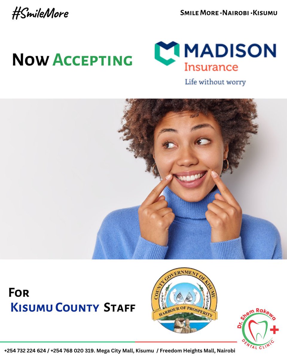 DrShemRakewa's tweet image. Great news for Kisumu County Staff!
Dr. Shem Dental is now accepting Madison Insurance 👨🏽‍⚕️🦷

Enjoy quality dental care with your existing coverage.
Book your appointment today!
📲 0732 224 624

#DrShemDental #MadisonInsurance #KisumuCounty #SmileMore