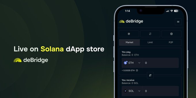 deBridge 应用界面，显示于 Solana dApp Store
