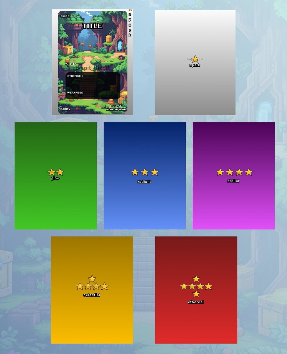 bixpit_pixbit's tweet image. wdy guys think? it&apos;s only base and rarity for now, still working on my sample and the layout itself. Card enthusiasts are welcome here, I don&apos;t know a lot about cards so yea 🙌🏼 #pixelart #CardsAddict #digitalarts