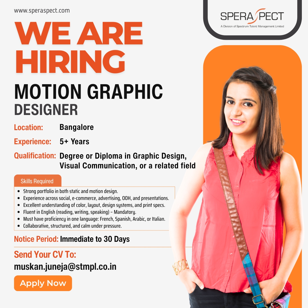 WE’RE HIRING! Motion Graphic Designer, Bangalore, 5+ Years
#MotionGraphicDesigner #GraphicDesignJobs #Bengaluru #BengaluruJobs #JobsinBengaluru #Bangalore #JobsinBangalore #BangaloreJobs #TechRecruitment #Speraspect