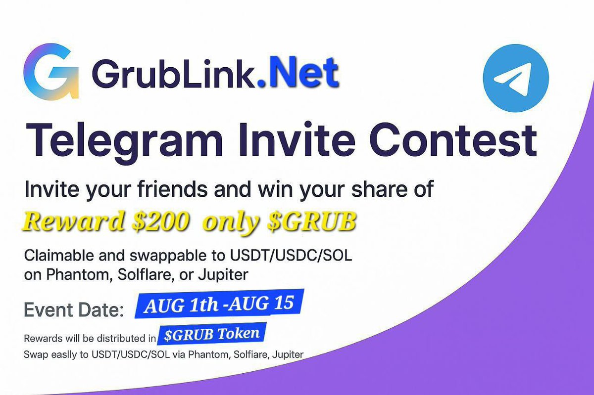 RaihaN // Grublink (@raihangrublink) on Twitter photo 🚨 $200 $GRUB Telegram Invite Contest LIVE at @Grublinktoken
💰 Prize : $200 $GRUB
🏆 Top 10 Rewards $200 $GRUB
📅 Duration:
August 1st – 14th
✨ Join t.me/GrublinkAirdro… 2 Participate.
#invitecontest #web3 #nfts #giveway #RefferelContest #grub <a href="/RaihanGrublink/">RaihaN // Grublink</a> 🚨 $200 $GRUB Telegram Invite Contest LIVE at @Grublinktoken
💰 Prize : $200 $GRUB
🏆 Top 10 Rewards $200 $GRUB
📅 Duration:
August 1st – 14th
✨ Join t.me/GrublinkAirdro… 2 Participate.
#invitecontest #web3 #nfts #giveway #RefferelContest #grub <a href="/RaihanGrublink/">RaihaN // Grublink</a>
