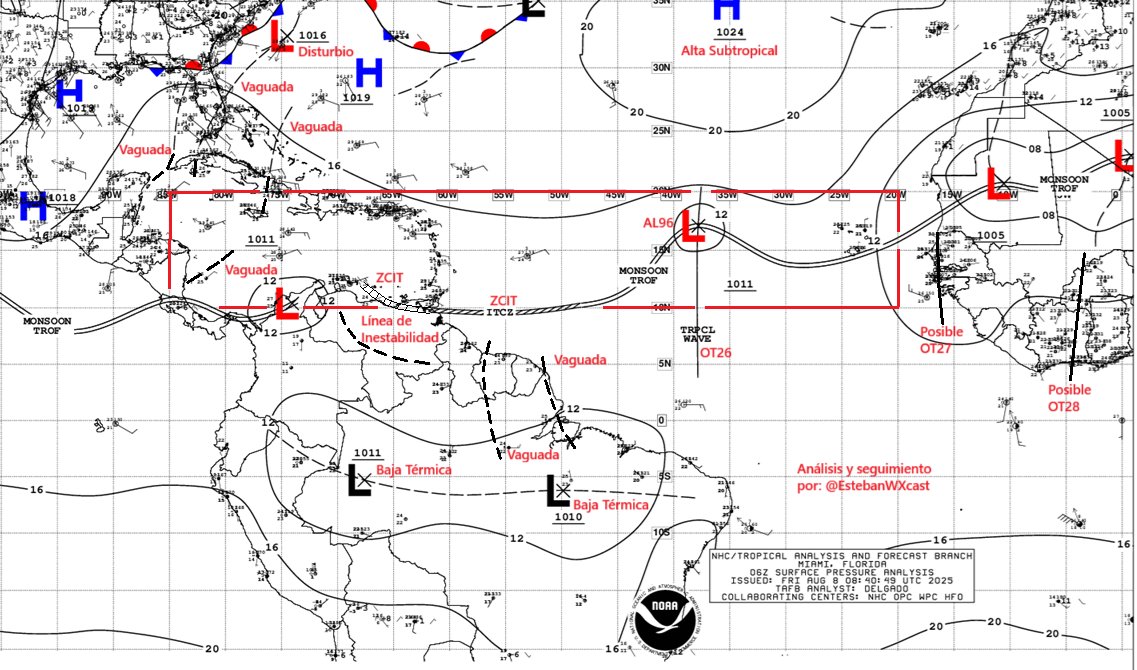 1/2 Rasgos meteorológicos en MDR, a 06z 08AGO25.  OT26, sur de 21n38w. Posible OT27, sur de 17n16w. Posible OT28, sur de 15n04w. Línea de inestabilidad en Venezuela. Vaguada al oeste de Florida y Riviera Maya. Cola de vaguada al W/Cuba. Vaguada cruza Bahamas, E/Cuba y Jamaica.