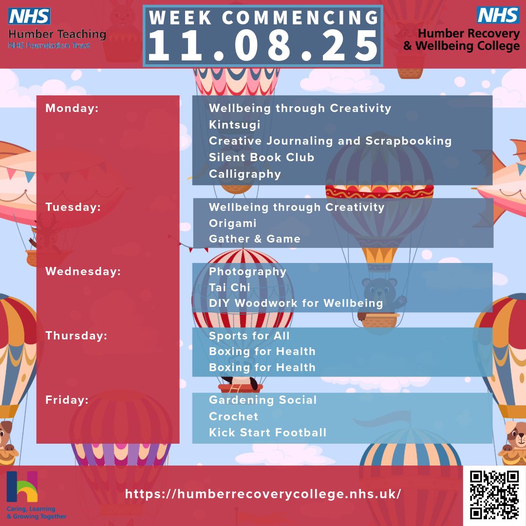 We've got a great selection of sessions on next week, which will be the last week of sessions before our practitioners take a 2 week break for summer.

humberrecoverycollege.nhs.uk

#RecoveryAndWellbeingCollege #WhatsOnHull #WhatsOnBridlington