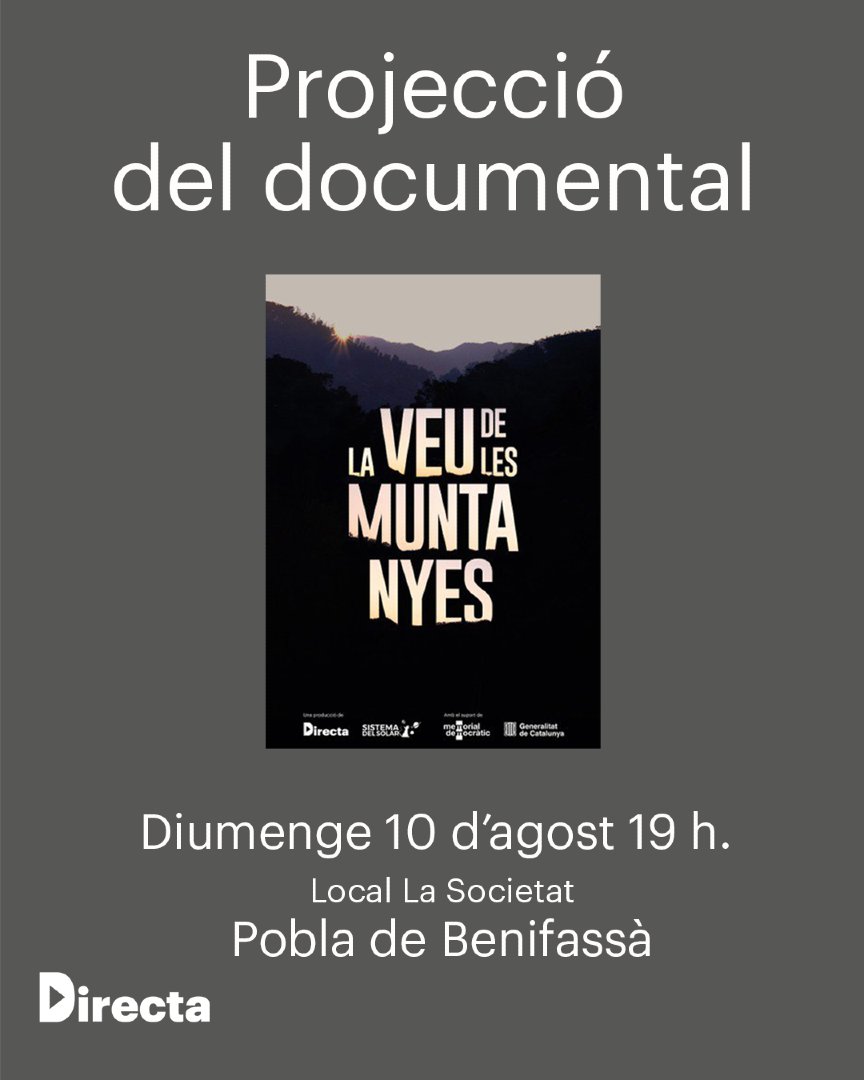 La_Directa's tweet photo. Aquest diumenge, 'La veu de les muntanyes' es projecta a la Pobla de Benifassà! A les 19h. al local La Societat! 

Veniu? https://t.co/RGuaRwvSkH https://t.co/fBF7gNZhMq