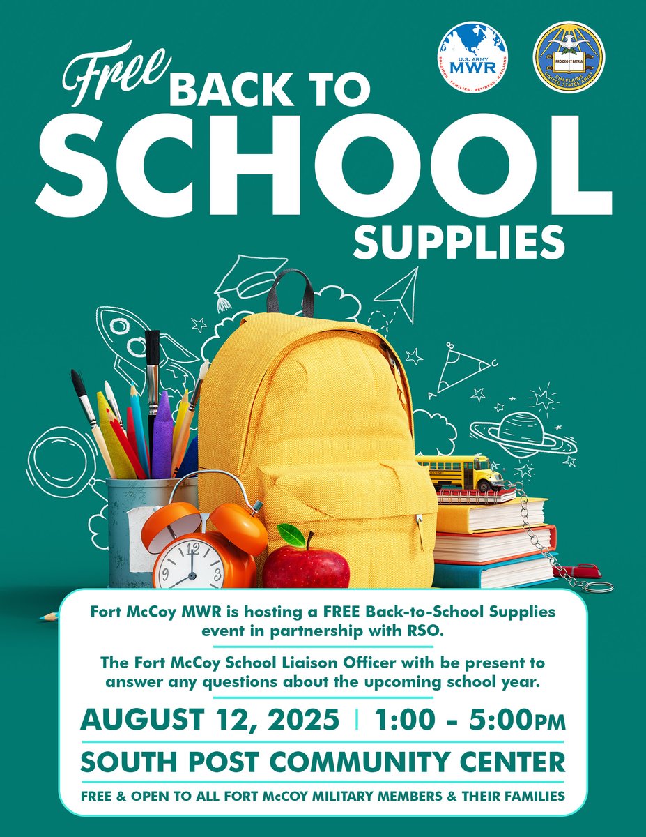 Fort McCoy MWR (@fortmccoymwr) on Twitter photo 📝 School supplies will be distributed to Military Families
🗓️ Tuesday, August 12 inside the South Post Community Center
🕐 1-5 PM or until everything is gone
#FortMcCoyMWR #BackToSchool <a href="/181MFTB/">181st Inf. Bde. (MFTB)</a> <a href="/88RDBlueDevils/">88th Readiness Division</a> <a href="/86thD/">86th Training Division</a> #FortMcCoyStrong 📝 School supplies will be distributed to Military Families
🗓️ Tuesday, August 12 inside the South Post Community Center
🕐 1-5 PM or until everything is gone
#FortMcCoyMWR #BackToSchool <a href="/181MFTB/">181st Inf. Bde. (MFTB)</a> <a href="/88RDBlueDevils/">88th Readiness Division</a> <a href="/86thD/">86th Training Division</a> #FortMcCoyStrong