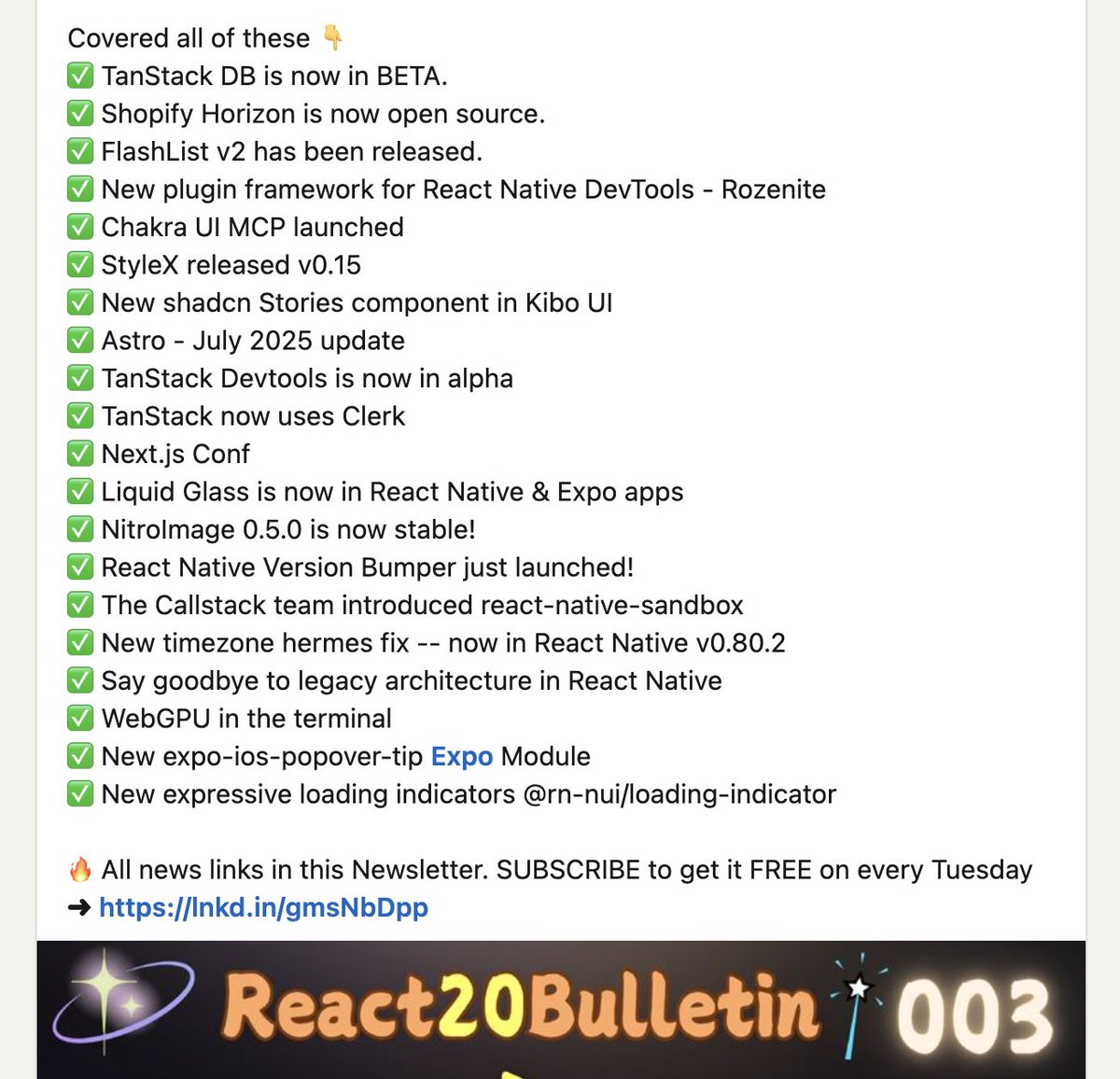 anis_RNCore's tweet image. Hello #React & #React_Native Devs,
⚛️ 𝑹𝒆𝒂𝒄𝒕20𝑩𝒖𝒍𝒍𝒆𝒕𝒊𝒏 ⁂ 003 𝒐𝒖𝒕 🔥
💌 Check your MAIL for the Newsletter 🚀
✅ Covered all of these News of the Week 👇