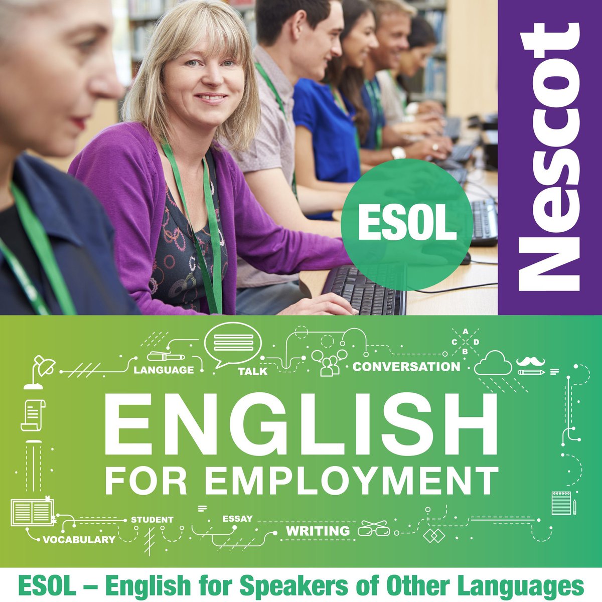 Starts 08 September! Ascentis Award in Skills for Employment for ESOL learners ready to take the next step in their career journey. This 11-week part-time course is aimed at adults 19+ who speak English as an additional language. 
Info and apply ➡️ buff.ly/czg5hgE
#nescot