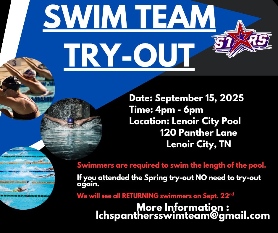 🏊‍♂️⭐ NMS Swim Team Tryouts ⭐🏊‍♀️ Sept 15 • 4–6 PM @ Lenoir City Pool! Swimmers must swim the pool length. 🏅 If you tried out in the spring, no need to try again! 🌊 #NMSSwim #NorthNation