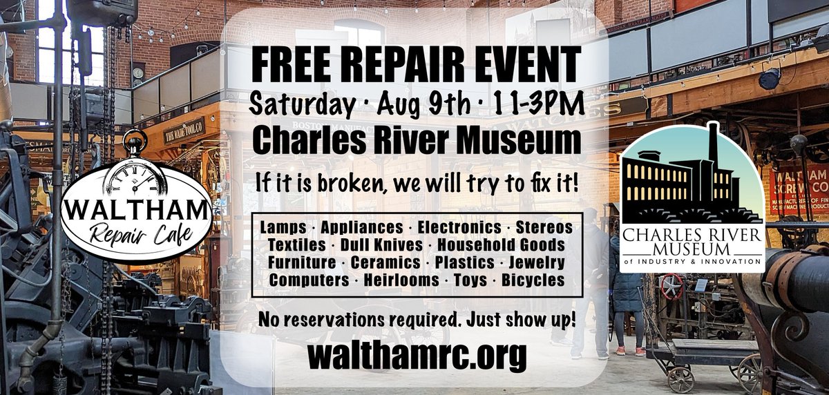 City Of Waltham (@cityofwaltham) on Twitter photo ๐๐ผ ๐๐ผ๐ ๐ต๐ฎ๐๐ฒ ๐๐ผ๐บ๐ฒ๐๐ต๐ถ๐ป๐ด ๐ฏ๐ฟ๐ผ๐ธ๐ฒ๐ป? ๐๐ฟ๐ถ๐ป๐ด ๐ถ๐ ๐ถ๐ป ๐๐ผ ๐๐ต๐ฒ ๐ฅ๐ฒ๐ฝ๐ฎ๐ถ๐ฟ ๐๐ฎ๐ณ๐ฒ ๐๐๐๐๐๐๐๐, ๐ฆ๐ฎ๐๐๐ฟ๐ฑ๐ฎ๐, ๐๐๐ด๐๐๐ ๐ต๐๐ต ๐๐ผ ๐๐ฟ๐ ๐ด๐ฒ๐ ๐ถ๐ ๐ณ๐ถ๐
๐ฒ๐ฑ ๐ณ๐ผ๐ฟ ๐๐ฅ๐๐! The Repair Cafe will be open from 11am-3pm at the Charles River ๐๐ผ ๐๐ผ๐ ๐ต๐ฎ๐๐ฒ ๐๐ผ๐บ๐ฒ๐๐ต๐ถ๐ป๐ด ๐ฏ๐ฟ๐ผ๐ธ๐ฒ๐ป? ๐๐ฟ๐ถ๐ป๐ด ๐ถ๐ ๐ถ๐ป ๐๐ผ ๐๐ต๐ฒ ๐ฅ๐ฒ๐ฝ๐ฎ๐ถ๐ฟ ๐๐ฎ๐ณ๐ฒ ๐๐๐๐๐๐๐๐, ๐ฆ๐ฎ๐๐๐ฟ๐ฑ๐ฎ๐, ๐๐๐ด๐๐๐ ๐ต๐๐ต ๐๐ผ ๐๐ฟ๐ ๐ด๐ฒ๐ ๐ถ๐ ๐ณ๐ถ๐
๐ฒ๐ฑ ๐ณ๐ผ๐ฟ ๐๐ฅ๐๐! The Repair Cafe will be open from 11am-3pm at the Charles River