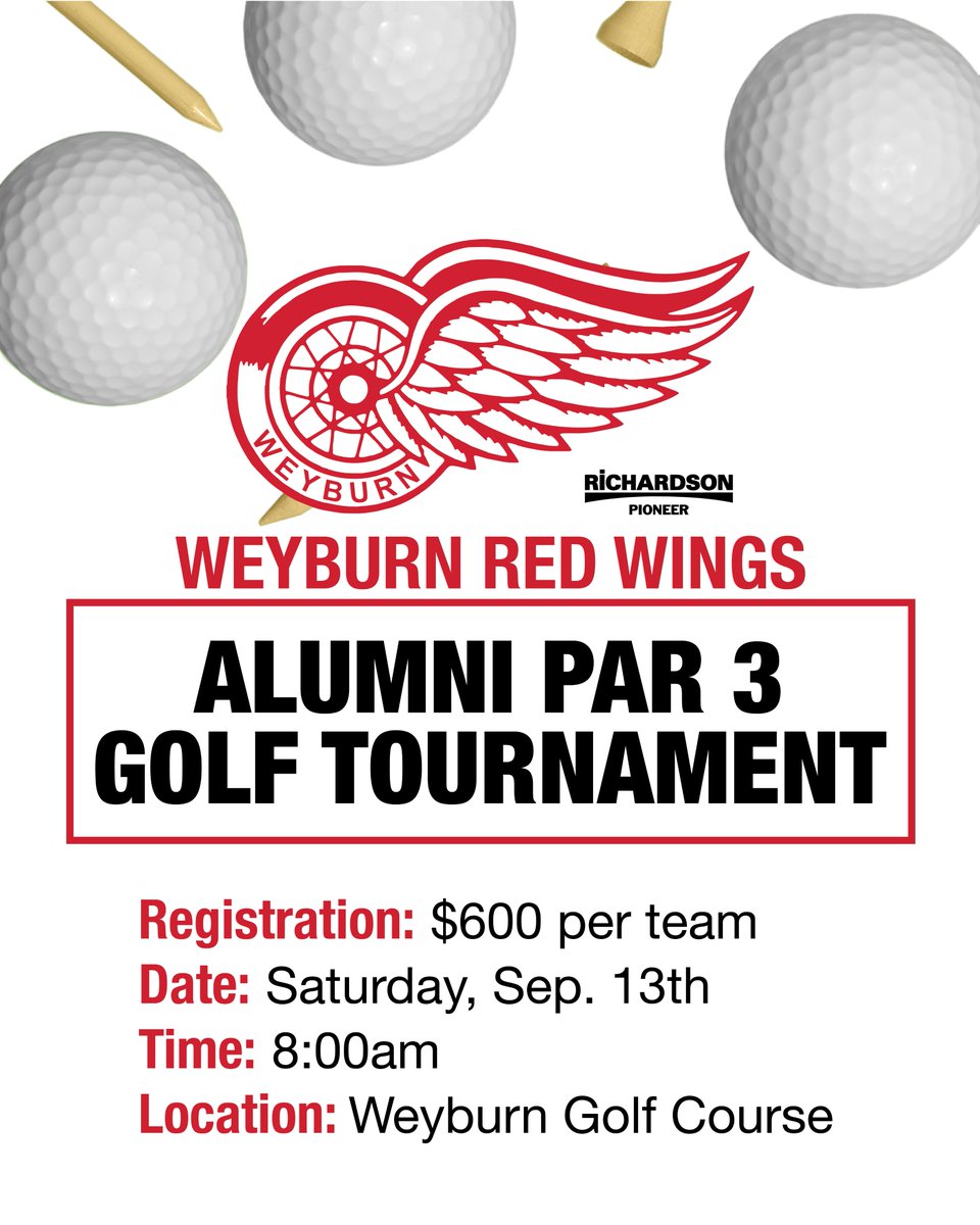 🚨Act fast before it's too late! Register your team now for the Red Wings Alumni Par 3 Golf Tournament!

Tournament Details:
📍 Location: Weyburn Golf Course
📅 Date: Saturday, September 13, 2025
💵 Cost: $600 per team

🚨 Carts are limited – please confirm if your team has your