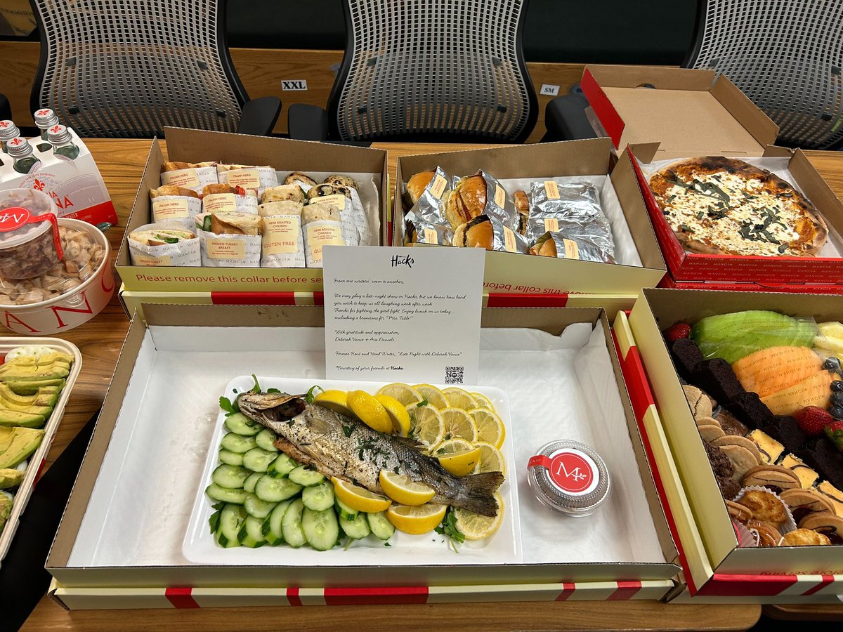 Several late night writers’ rooms were surprised with free lunches, allegedly sent by Ava Daniels and Deborah Vance from 'HACKS.'

The lunches included branzino.