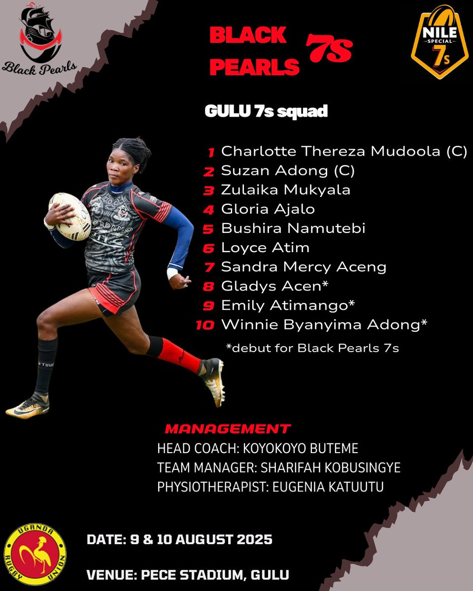 Black Pearls Rugby Club π€β€οΈ (@blackpearlsrfc) on Twitter photo Wa tye i Gulu! π₯³
The Black Pearls 7s squad for the second leg of the 2025 #NileSpecial7s. π€
Another 3 players, Winnie Byanyima Adong, Gladys Acen & Emily Atimango, make their debuts for Black Pearls 7s tomorrow in the #Gulu7s at Pece Stadium. πͺπΏ
#BlackPearlsStrong π€β€οΈ TEK! Wa tye i Gulu! π₯³
The Black Pearls 7s squad for the second leg of the 2025 #NileSpecial7s. π€
Another 3 players, Winnie Byanyima Adong, Gladys Acen & Emily Atimango, make their debuts for Black Pearls 7s tomorrow in the #Gulu7s at Pece Stadium. πͺπΏ
#BlackPearlsStrong π€β€οΈ TEK!