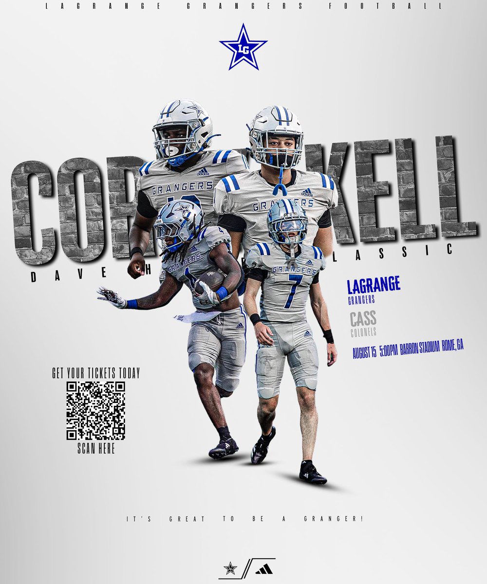 𝐎𝐍𝐄. 𝐌𝐎𝐑𝐄. 𝐖𝐄𝐄𝐊. 🏈

The Grangers are BACK next Friday in Rome, GA. We kickoff this season against Cass at 5pm. GET YOUR TICKETS NOW!! Tickets are $18.85 on go-fan and will increase to $30+ on game day! Order your tickets TODAY!! 

#ᴄᴜLᴛᴜʀᴇ | #CᴏʀᴋʏKᴇʟʟ