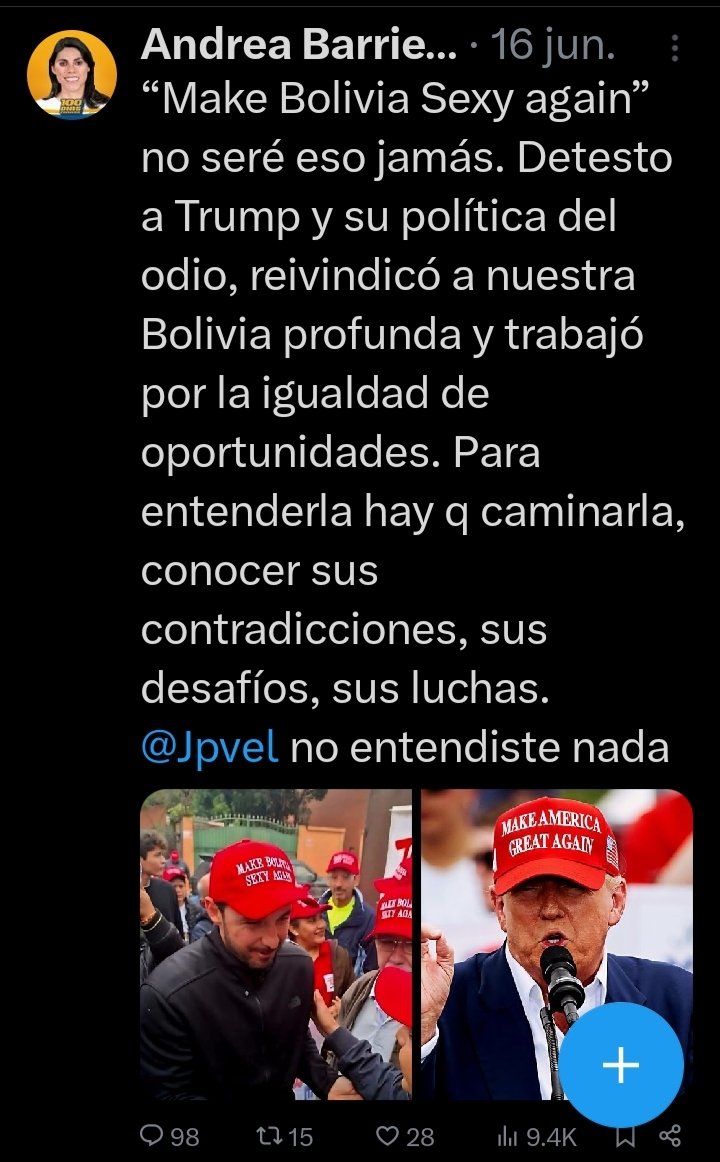 Manuel Carrasco (@josevalentin777) on Twitter photo Ya quisieran 🤣 si vemos que el partido progre woke del kencha socialista del Samuco como la lesbiana abortista feminazi <a href="/AndreaBSahonero/">Andrea Barrientos S</a> odia a TRUMP un consevador Provida ProFamilia Ya quisieran 🤣 si vemos que el partido progre woke del kencha socialista del Samuco como la lesbiana abortista feminazi <a href="/AndreaBSahonero/">Andrea Barrientos S</a> odia a TRUMP un consevador Provida ProFamilia