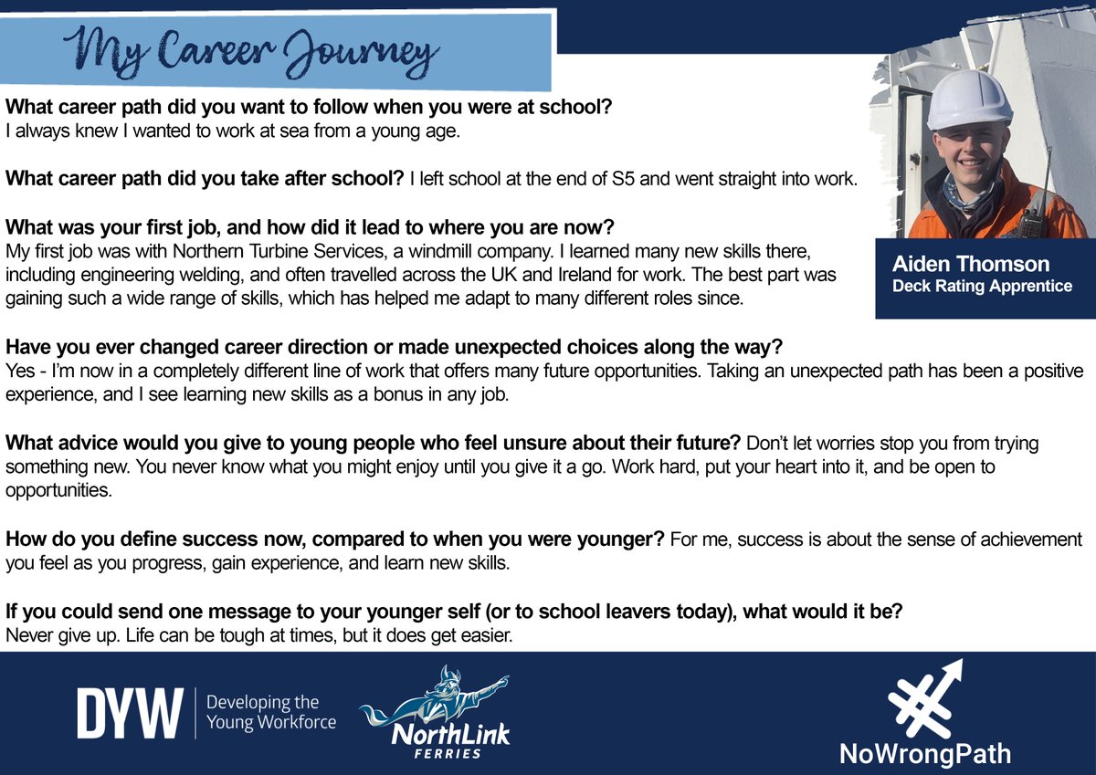 We asked some of our NorthLink Ferries work colleagues about their careers and heard lots of inspiring stories!

We would like to introduce Aiden Thomson, Deck Rating Apprentice.

#NoWrongPath #SQAresults #ExamResults